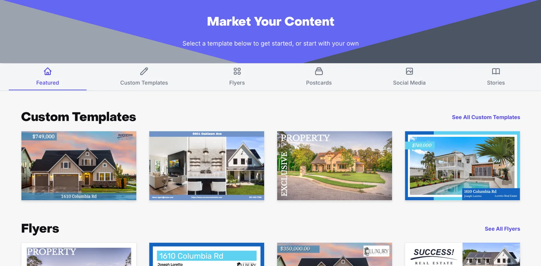 SnapHome marketing center with listing marketing templates