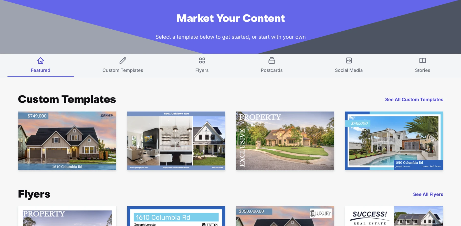 SnapHome marketing center with listing marketing templates